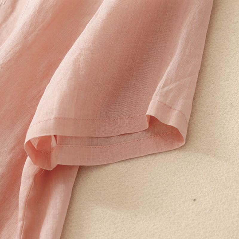 Camisa de lino y algodón de media manga holgada con diseño de escote en V y flores bordadas para mujer con Buddha Stones - image 4