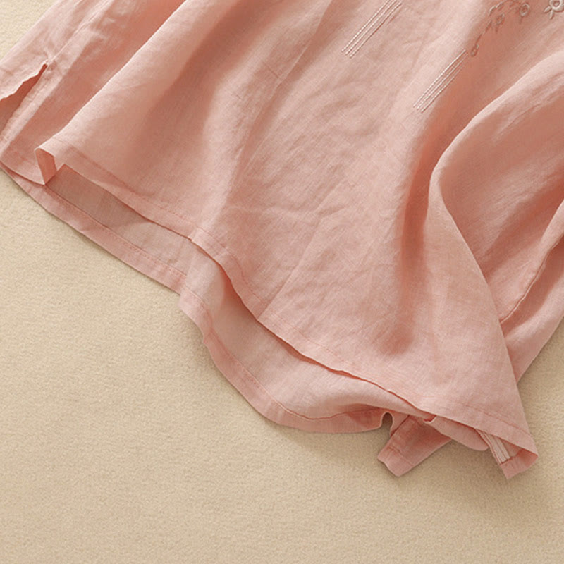 Camisa de lino y algodón de media manga holgada con diseño de escote en V y flores bordadas para mujer con Buddha Stones - image 3