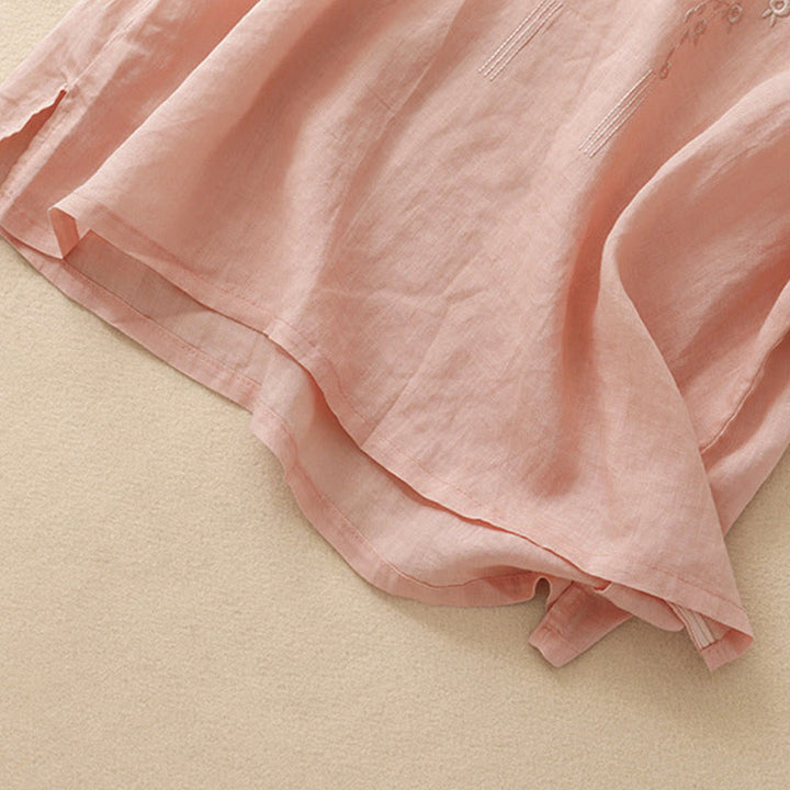 Camisa de lino y algodón de media manga holgada con diseño de escote en V y flores bordadas para mujer con Buddha Stones - image 3