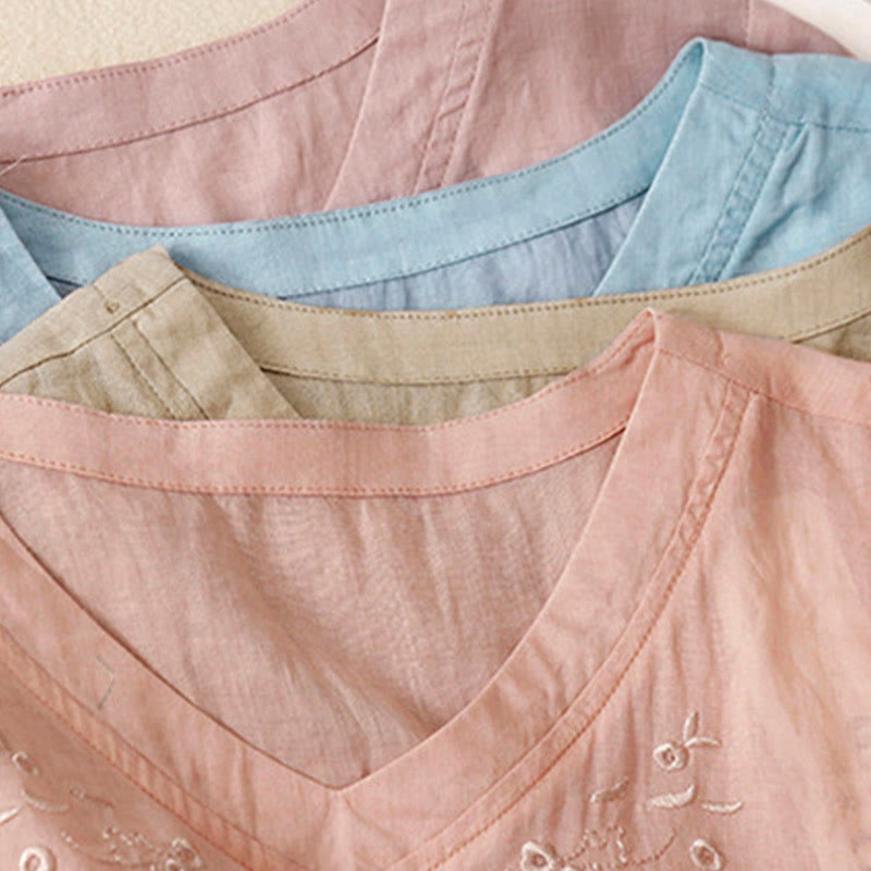 Camisa de lino y algodón de media manga holgada con diseño de escote en V y flores bordadas para mujer con Buddha Stones - image 28