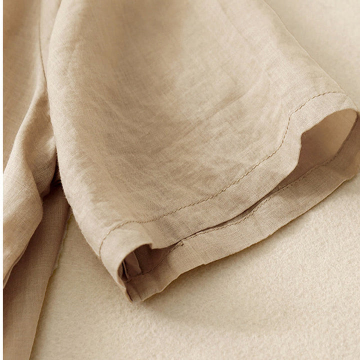 Camisa de lino y algodón de media manga holgada con diseño de escote en V y flores bordadas para mujer con Buddha Stones - image 16