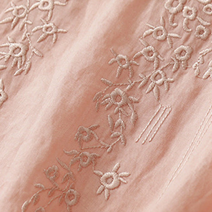 Camisa de lino y algodón de media manga holgada con diseño de escote en V y flores bordadas para mujer con Buddha Stones - image 2