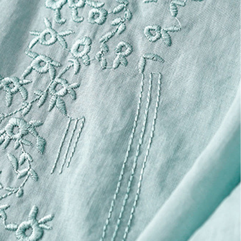 Camisa de lino y algodón de media manga holgada con diseño de escote en V y flores bordadas para mujer con Buddha Stones - image 24