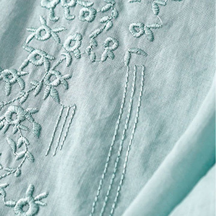 Camisa de lino y algodón de media manga holgada con diseño de escote en V y flores bordadas para mujer con Buddha Stones - image 24