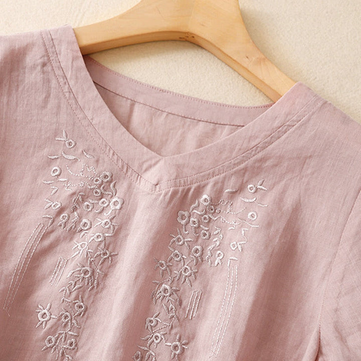 Camisa de lino y algodón de media manga holgada con diseño de escote en V y flores bordadas para mujer con Buddha Stones - image 7