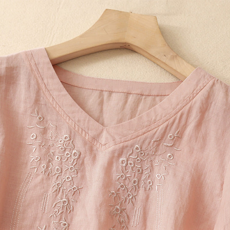 Camisa de lino y algodón de media manga holgada con diseño de escote en V y flores bordadas para mujer con Buddha Stones - image 1