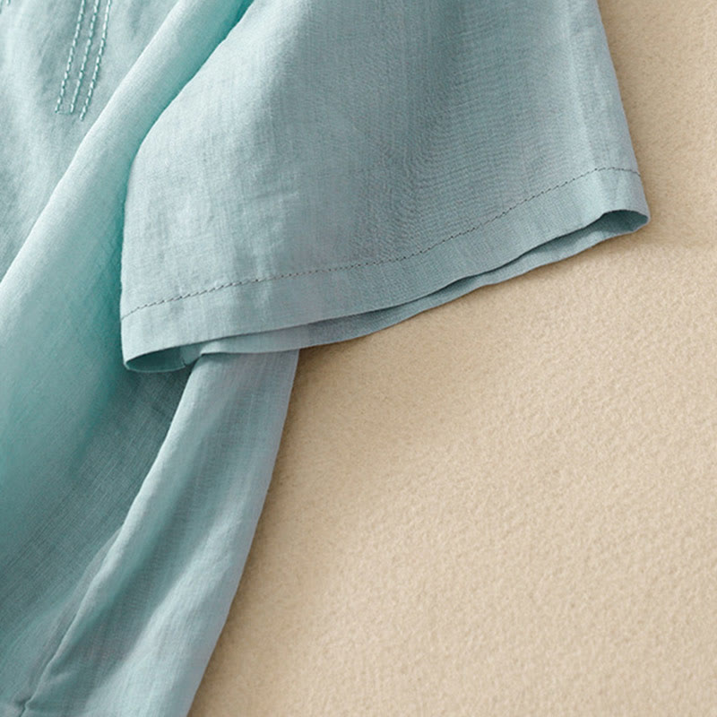 Camisa de lino y algodón de media manga holgada con diseño de escote en V y flores bordadas para mujer con Buddha Stones - image 25