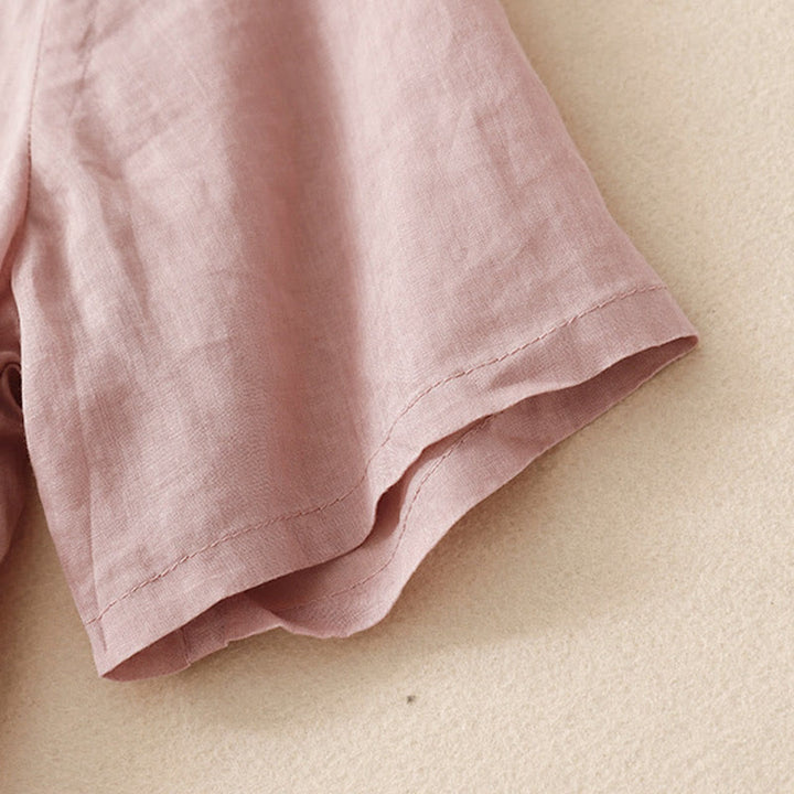 Camisa de lino y algodón de media manga holgada con diseño de escote en V y flores bordadas para mujer con Buddha Stones - image 10