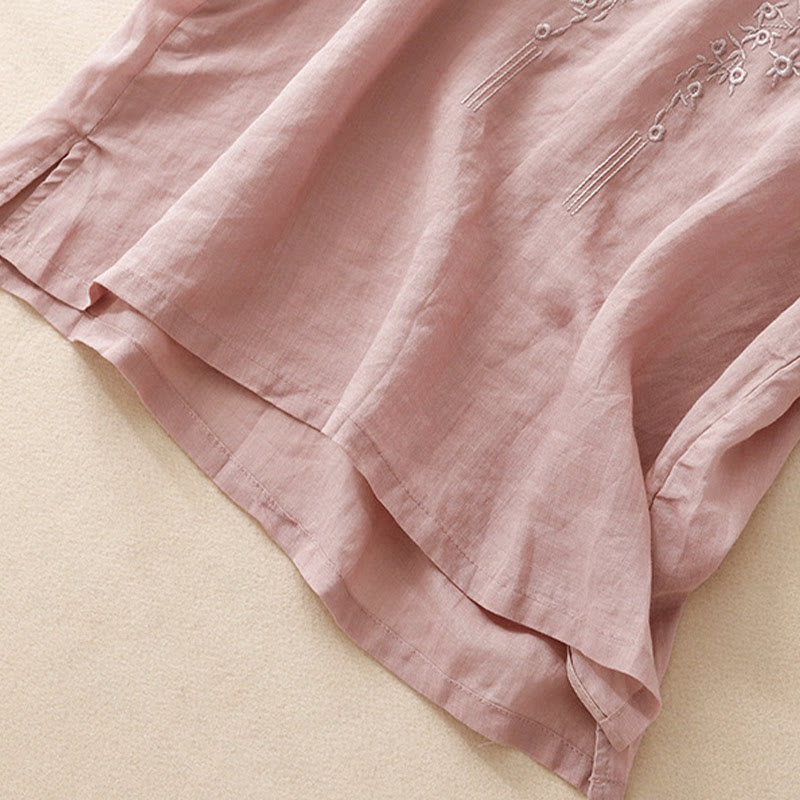 Camisa de lino y algodón de media manga holgada con diseño de escote en V y flores bordadas para mujer con Buddha Stones - image 11