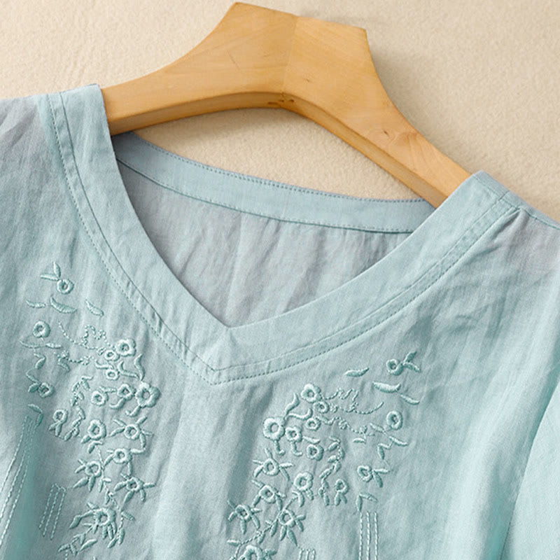 Camisa de lino y algodón de media manga holgada con diseño de escote en V y flores bordadas para mujer con Buddha Stones - image 23