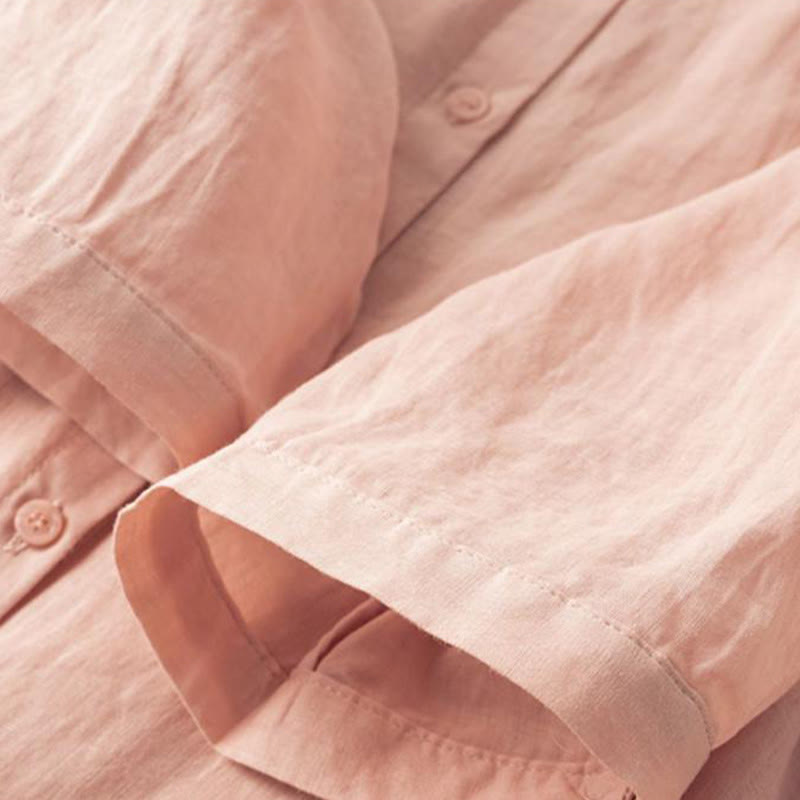 Camisa de lino y algodón con cuello alto y media manga para mujer, informal, con bordado de Buddha Stones - image 17