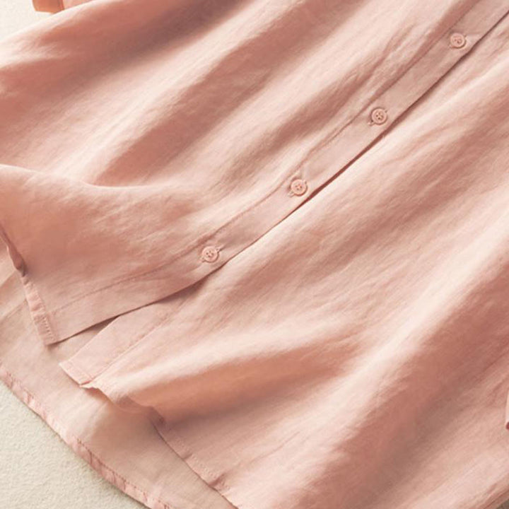 Camisa de lino y algodón con cuello alto y media manga para mujer, informal, con bordado de Buddha Stones - image 18