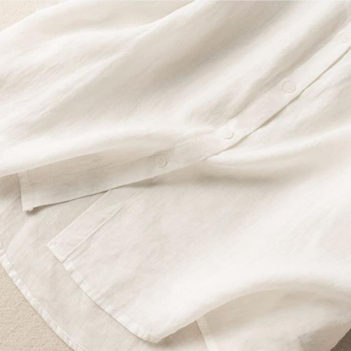 Camisa de lino y algodón con cuello alto y media manga para mujer, informal, con bordado de Buddha Stones - image 9