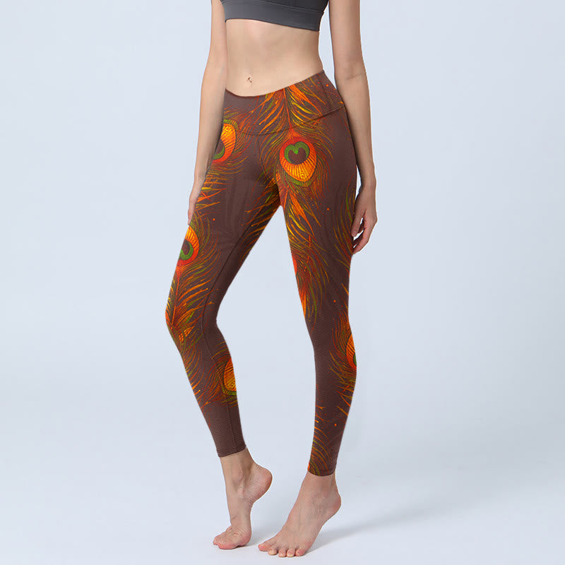 Leggings de yoga para mujer con estampado de plumas de pavo real marrón y Buddha Stones - SaddleBrown - US18，UK/AU22，EU50 (4XL) - image 0