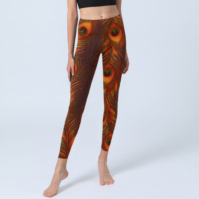 Leggings de yoga para mujer con estampado de plumas de pavo real marrón y Buddha Stones - image 6