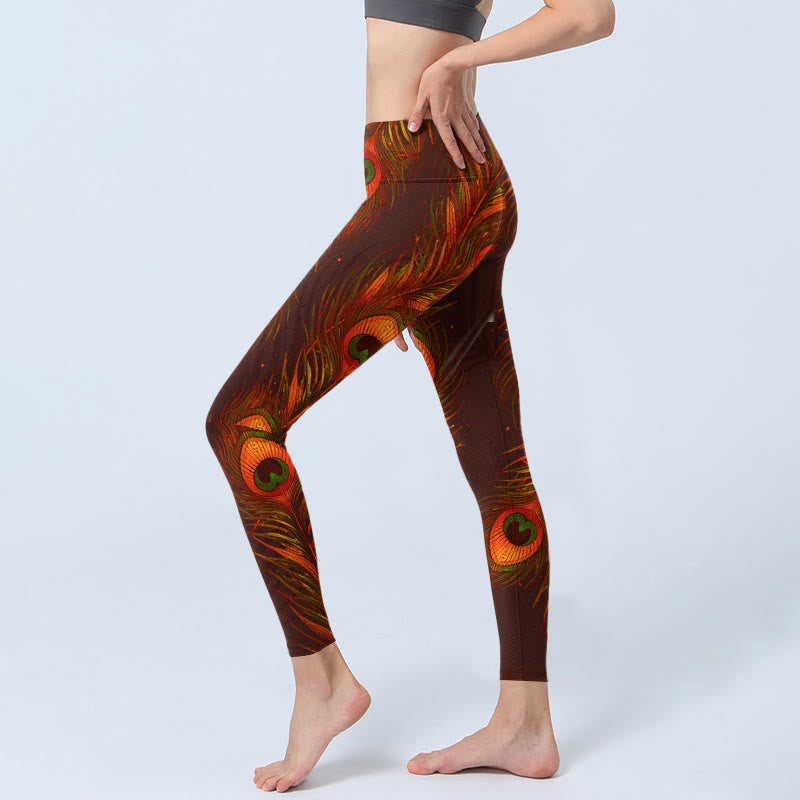 Leggings de yoga para mujer con estampado de plumas de pavo real marrón y Buddha Stones - image 3