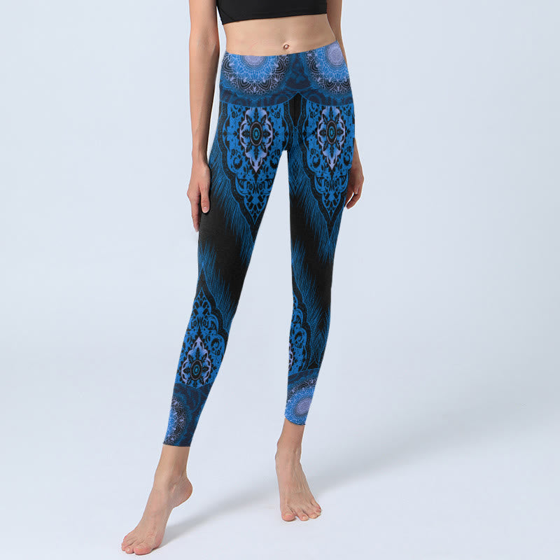 Leggings de yoga para mujer con estampado de plumas de mandala azul y Buddha Stones - image 5
