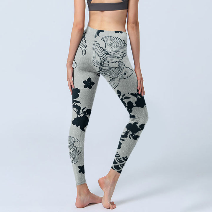 Leggings de yoga para mujer con estampado floral de ondas y peces koi grises y Buddha Stones - image 5
