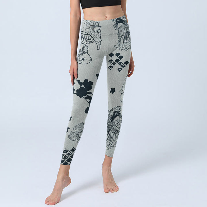 Leggings de yoga para mujer con estampado floral de ondas y peces koi grises y Buddha Stones - image 6