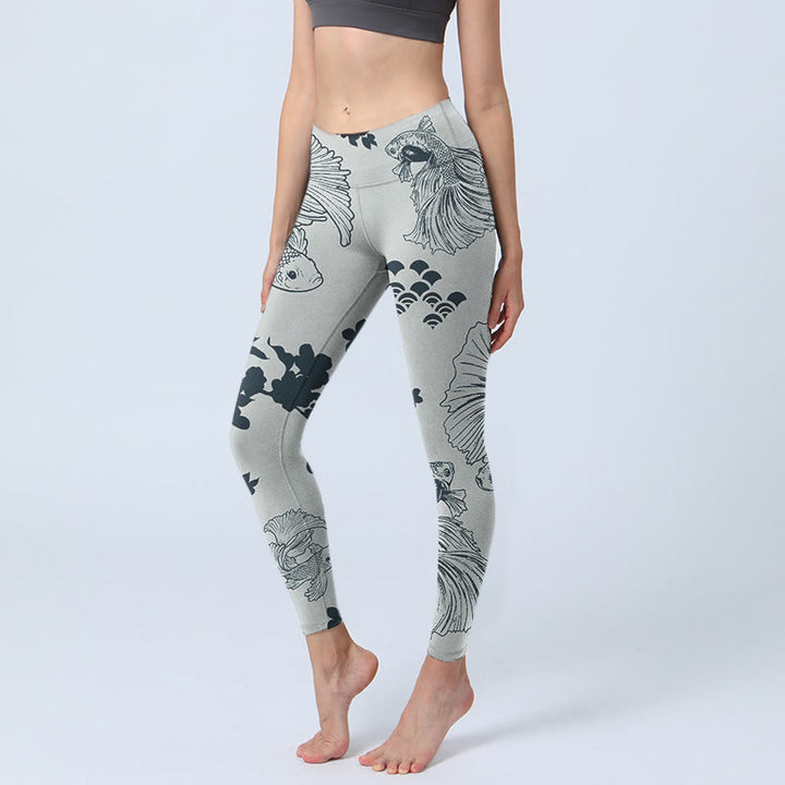 Leggings de yoga para mujer con estampado floral de ondas y peces koi grises y Buddha Stones - Plata - US18，UK/AU22，EU50 (4XL) - image 1