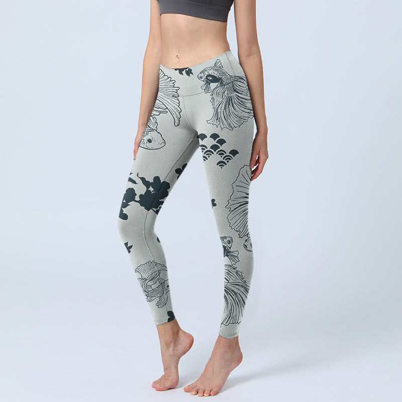 Leggings de yoga para mujer con estampado floral de ondas y peces koi grises y Buddha Stones - Plata - US18，UK/AU22，EU50 (4XL) - image 0