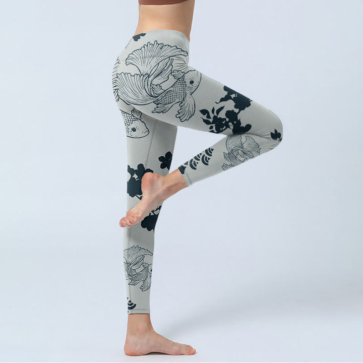 Leggings de yoga para mujer con estampado floral de ondas y peces koi grises y Buddha Stones - image 3