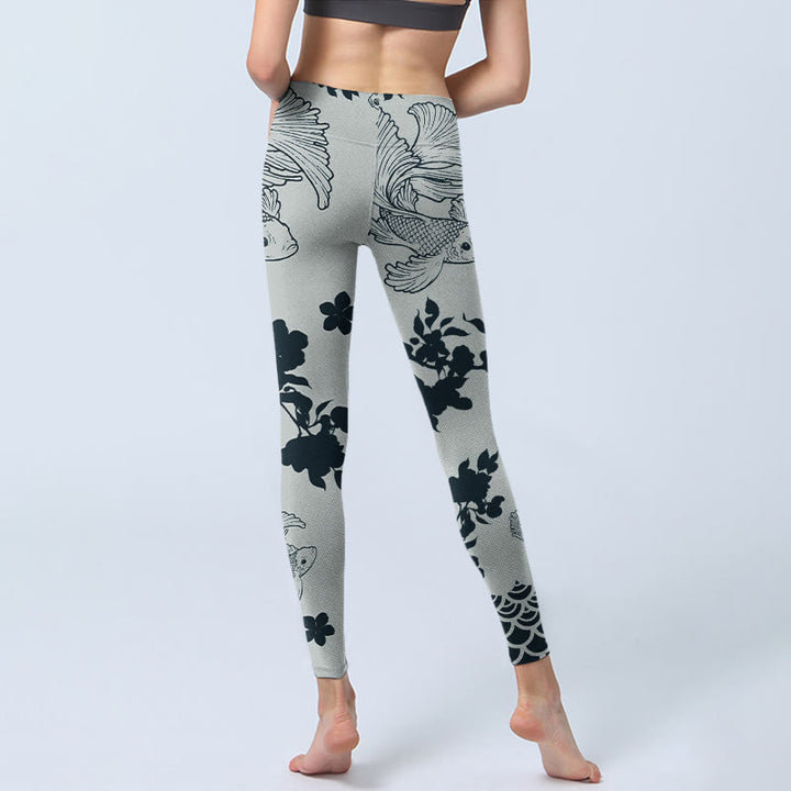 Leggings de yoga para mujer con estampado floral de ondas y peces koi grises y Buddha Stones - image 7