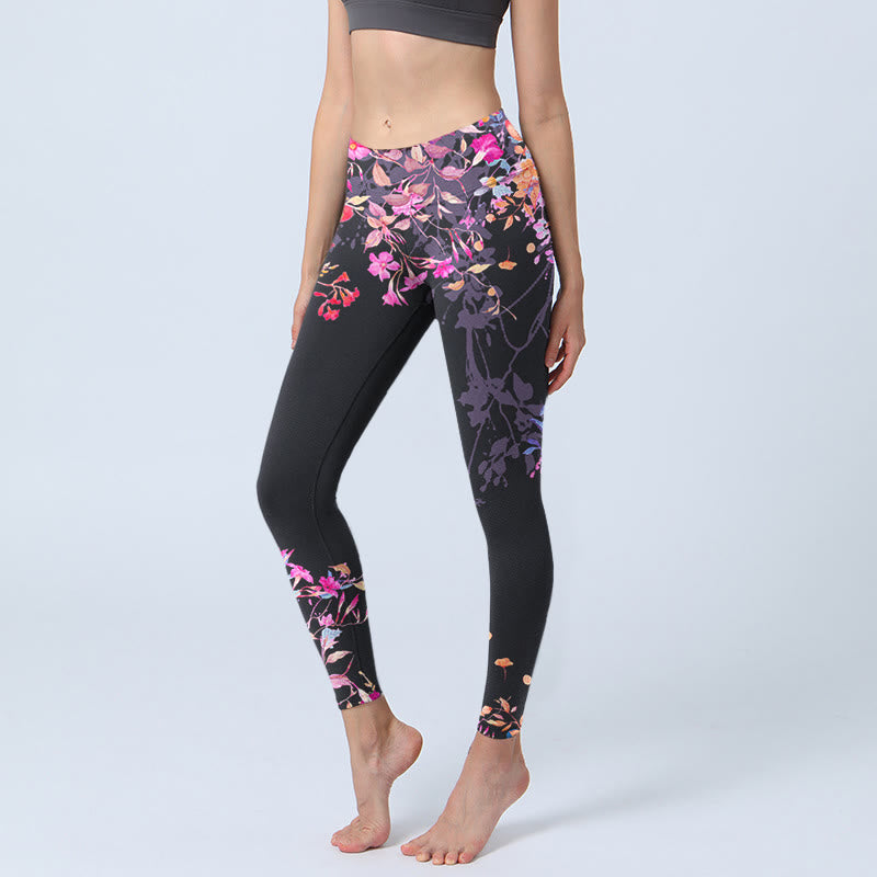 Leggings de yoga para mujer con estampado floral de hojas y Buddha Stones en color negro y rosa - Negro - US18，UK/AU22，EU50 (4XL) - image 0