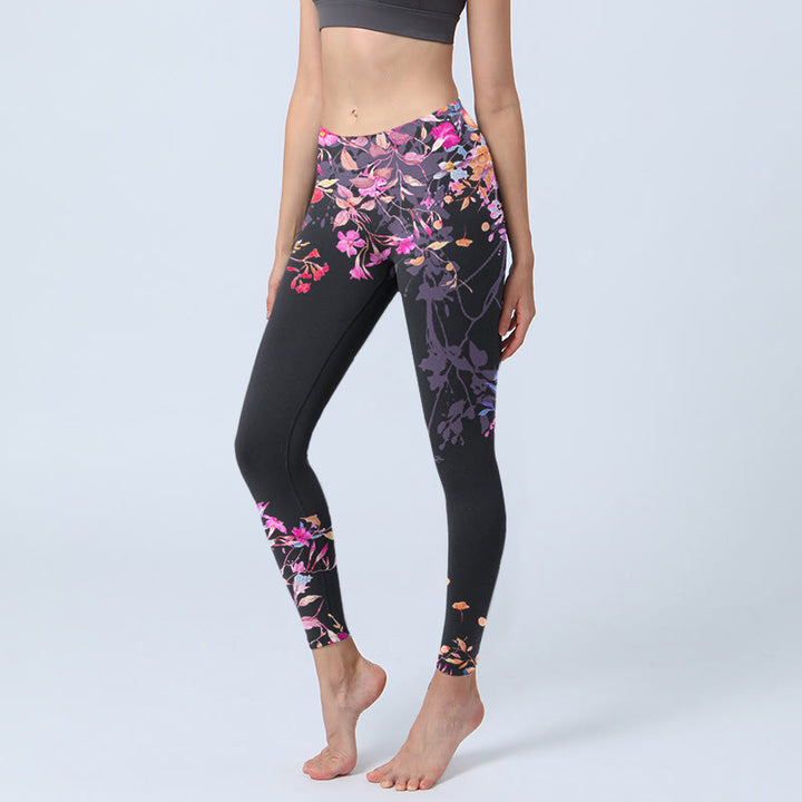 Leggings de yoga para mujer con estampado floral de hojas y Buddha Stones en color negro y rosa - Negro - US18，UK/AU22，EU50 (4XL) - image 0