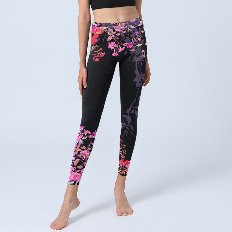 Leggings de yoga para mujer con estampado floral de hojas y Buddha Stones en color negro y rosa - image 6