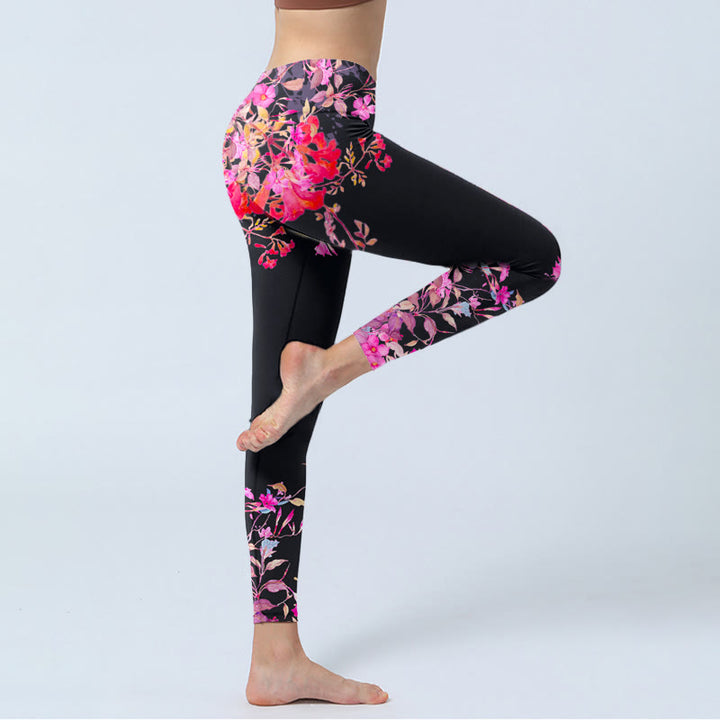 Leggings de yoga para mujer con estampado floral de hojas y Buddha Stones en color negro y rosa - image 5