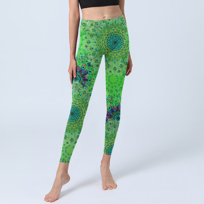 Leggings de yoga para mujer con estampado de plumas de cola de pavo real verde y Buddha Stones - image 5