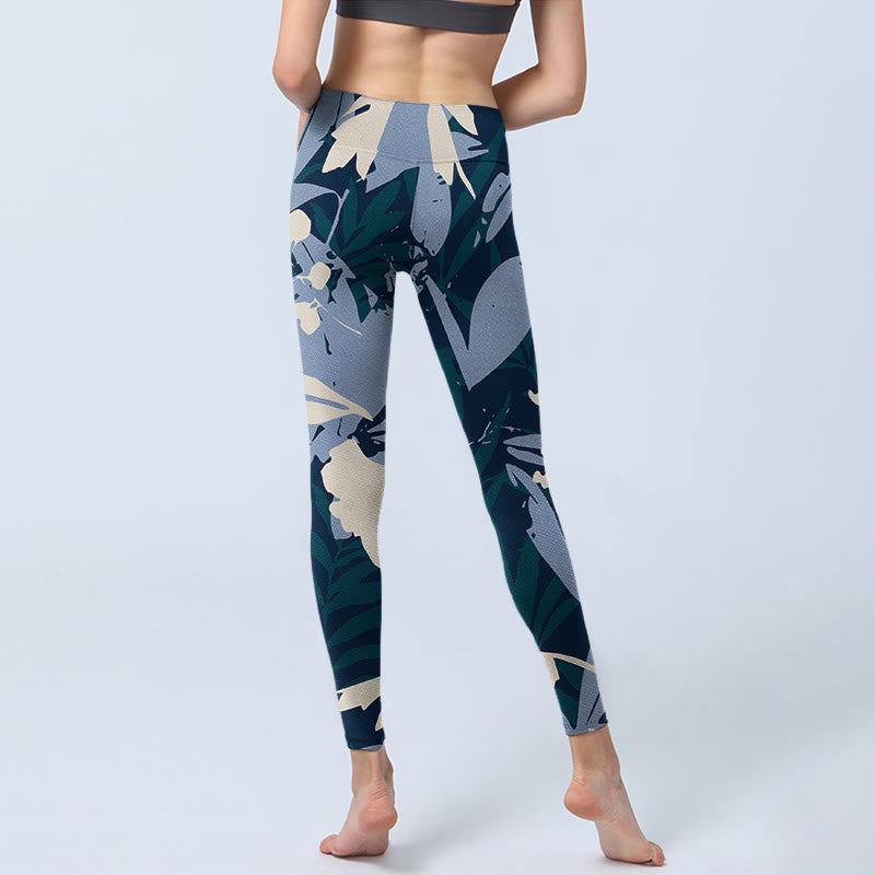 Leggings de yoga para mujer con estampado de hojas de plantas azules y Buddha Stones - image 6