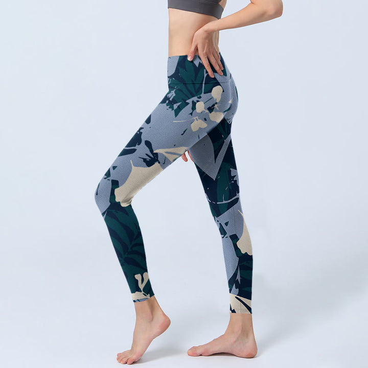 Leggings de yoga para mujer con estampado de hojas de plantas azules y Buddha Stones - image 3