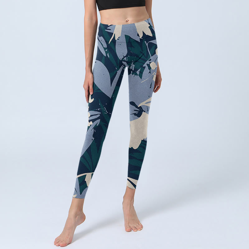 Leggings de yoga para mujer con estampado de hojas de plantas azules y Buddha Stones - image 5