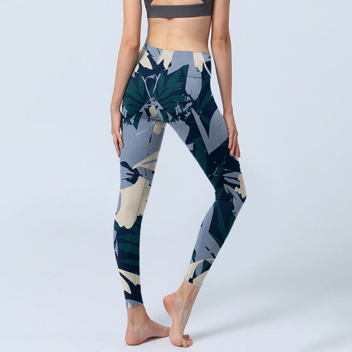 Leggings de yoga para mujer con estampado de hojas de plantas azules y Buddha Stones - image 3