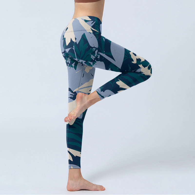 Leggings de yoga para mujer con estampado de hojas de plantas azules y Buddha Stones - image 4