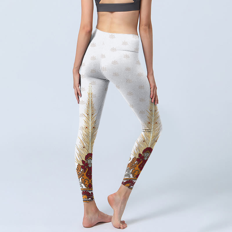 Leggings de yoga para mujer con estampado abstracto de flores de loto y Buddha Stones en color blanco - image 5