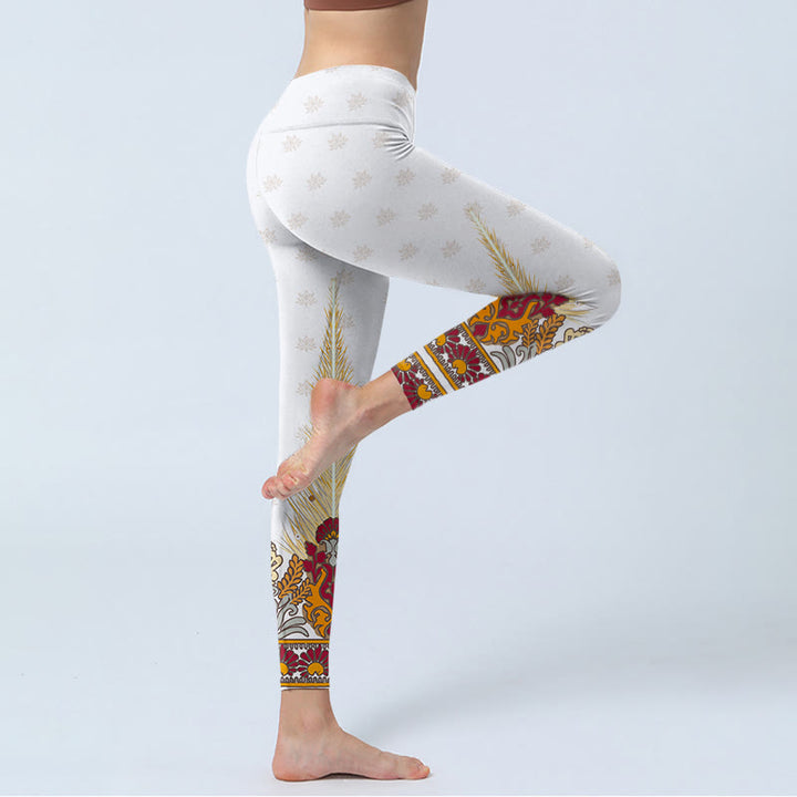 Leggings de yoga para mujer con estampado abstracto de flores de loto y Buddha Stones en color blanco - image 4