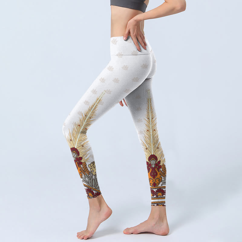Leggings de yoga para mujer con estampado abstracto de flores de loto y Buddha Stones en color blanco - image 3