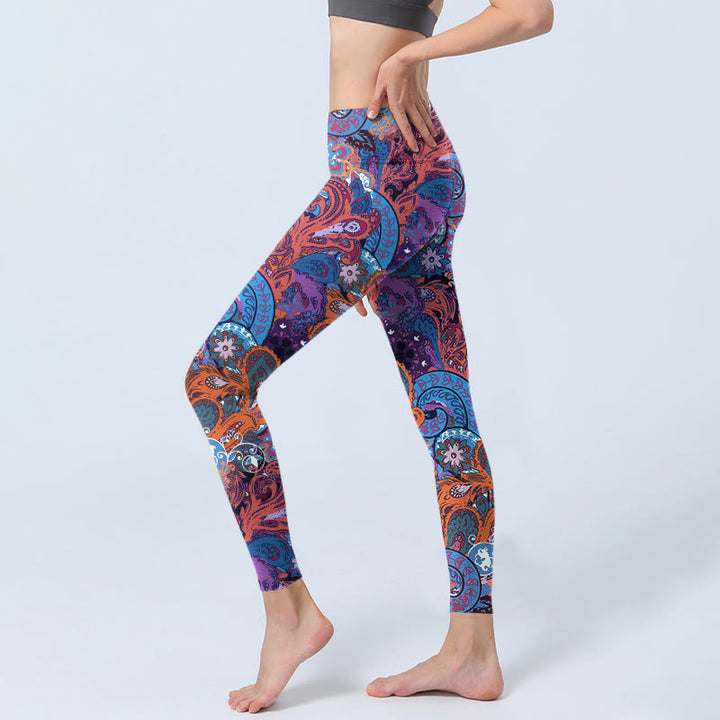 Leggings de yoga para mujer con estampado floral colorido y piedras de Buddha Stones y hierba rizada - image 3
