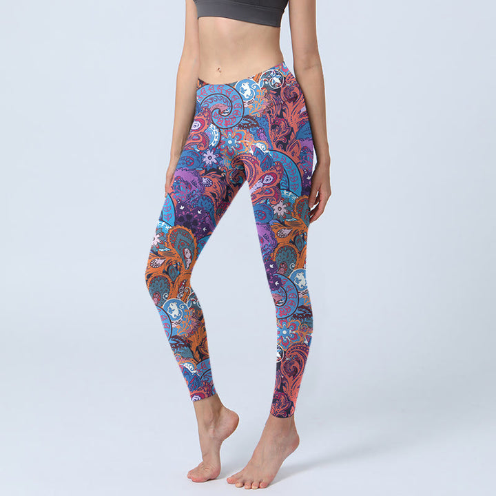 Leggings de yoga para mujer con estampado floral colorido y piedras de Buddha Stones y hierba rizada - Azul aciano - US18，UK/AU22，EU50 (4XL) - image 1