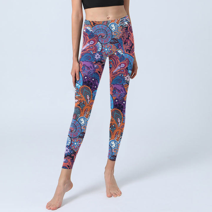 Leggings de yoga para mujer con estampado floral colorido y piedras de Buddha Stones y hierba rizada - image 6