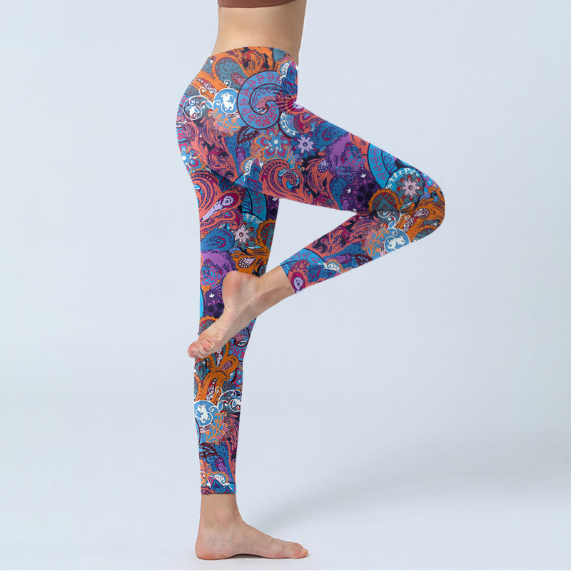 Leggings de yoga para mujer con estampado floral colorido y piedras de Buddha Stones y hierba rizada - image 4