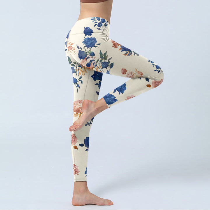 Leggings de yoga para mujer con estampado de hojas de rosas rojas y azules y Buddha Stones - image 4