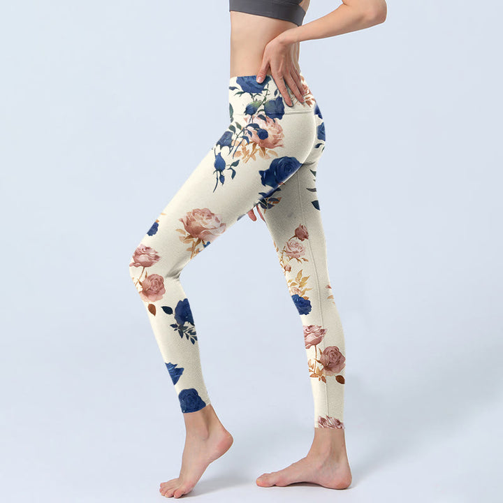 Leggings de yoga para mujer con estampado de hojas de rosas rojas y azules y Buddha Stones - image 2