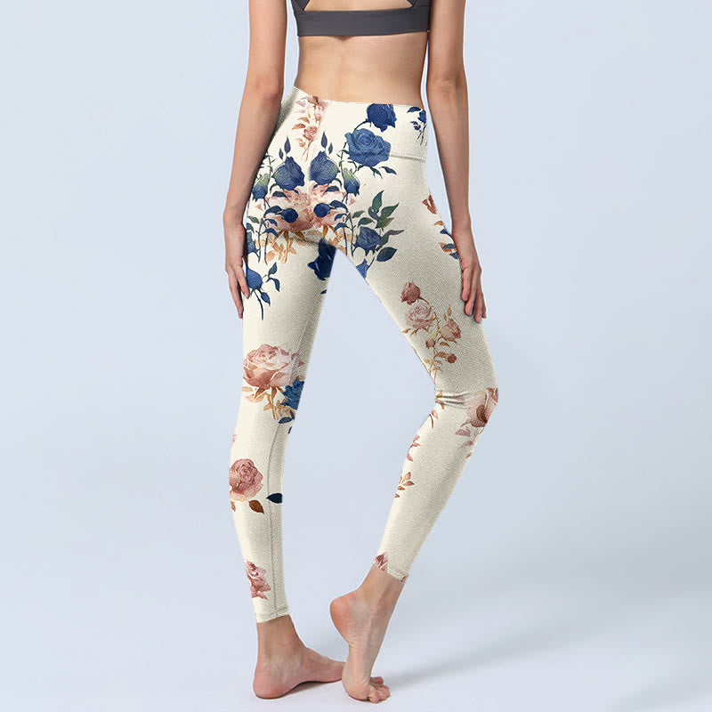 Leggings de yoga para mujer con estampado de hojas de rosas rojas y azules y Buddha Stones - image 5