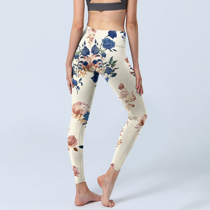 Leggings de yoga para mujer con estampado de hojas de rosas rojas y azules y Buddha Stones - image 5