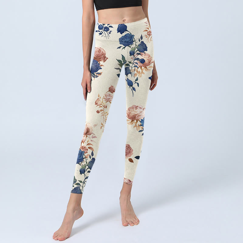 Leggings de yoga para mujer con estampado de hojas de rosas rojas y azules y Buddha Stones - image 5