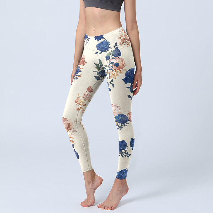 Leggings de yoga para mujer con estampado de hojas de rosas rojas y azules y Buddha Stones - seda de maíz - US18，UK/AU22，EU50 (4XL) - image 0